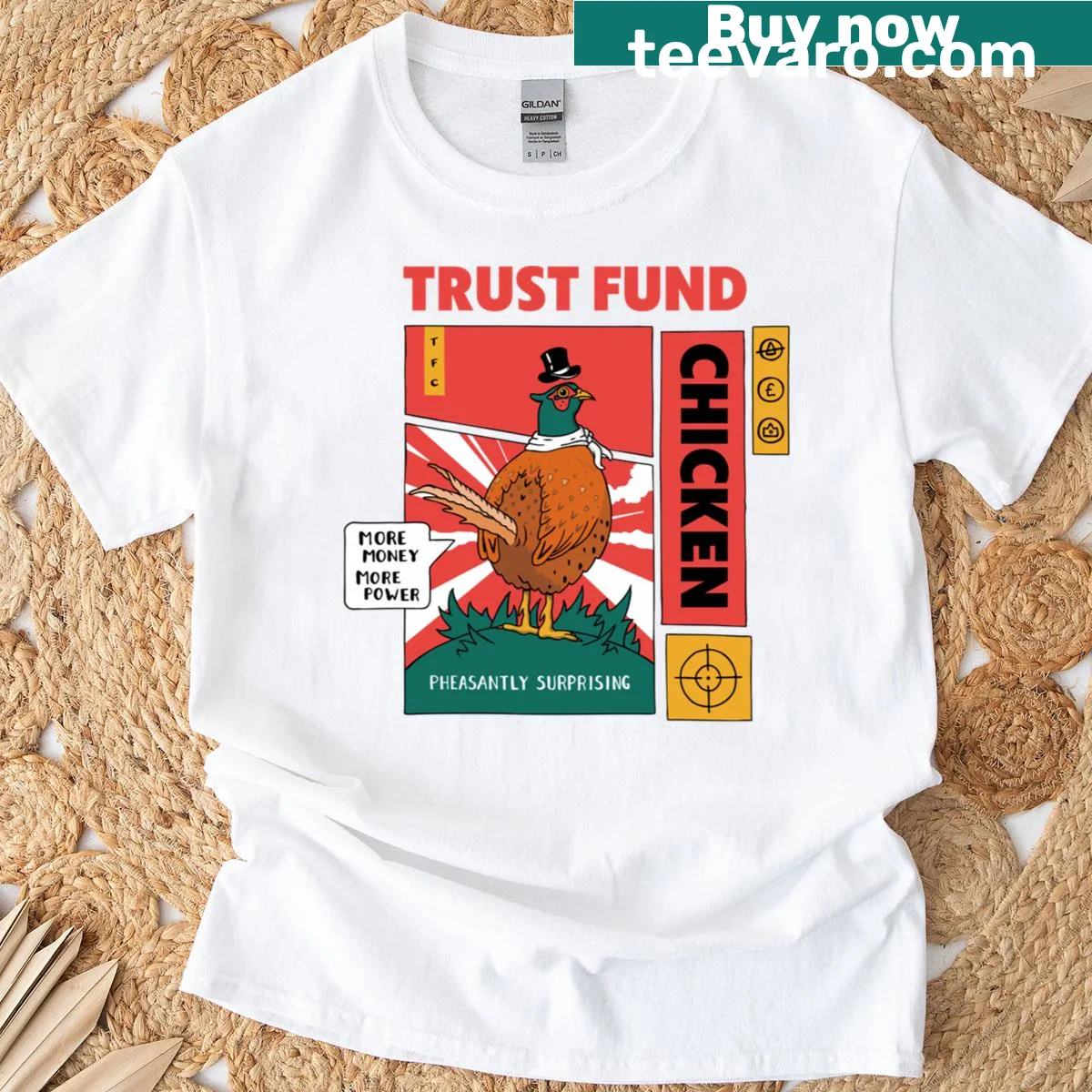 Illustrated pheasant on Trust Fund Chicken T-shirt — on a men's t-shirt