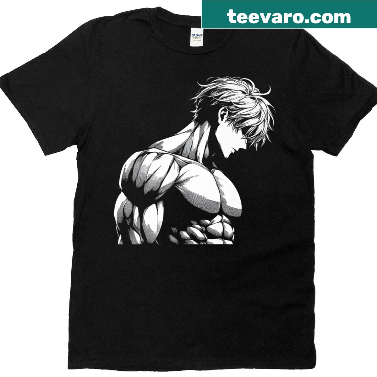Anime-style bodybuilder illustration t-shirt for fitness lovers — on a men's t-shirt