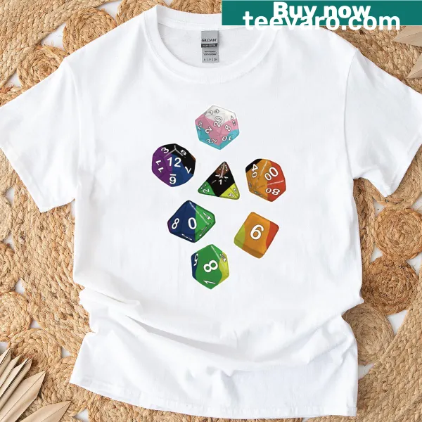 Pride-themed dice graphic on a fun gaming t-shirt