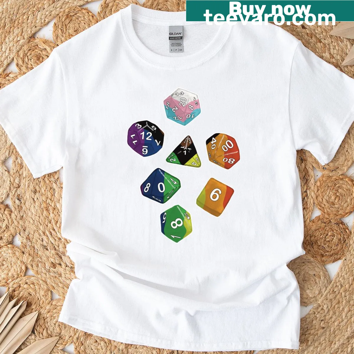 Pride-themed dice graphic on a fun gaming t-shirt — on a men's t-shirt