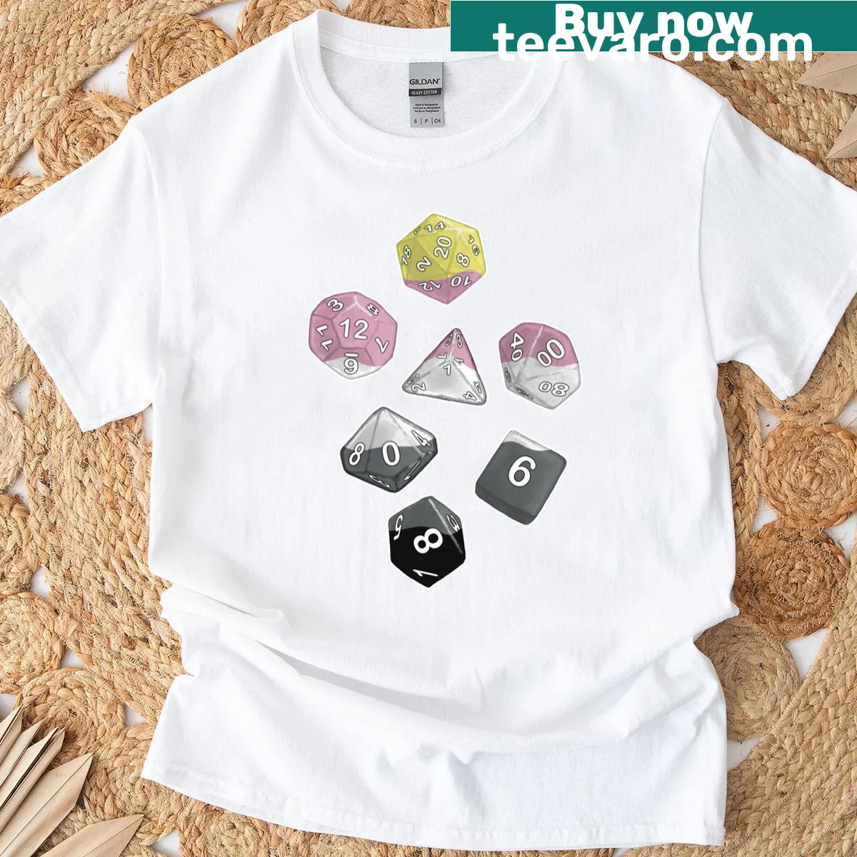 T-shirt featuring whimsical dice representing queerplatonic relationships — on a men's t-shirt