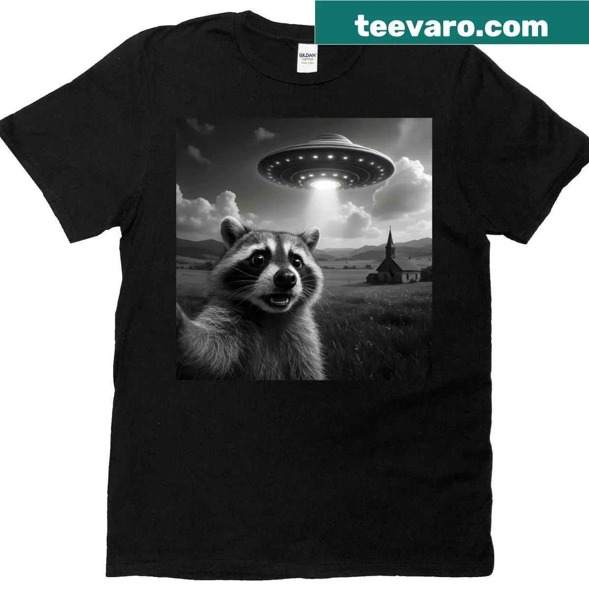 Funny t-shirt featuring a raccoon taking a selfie with a UFO — on a men's t-shirt