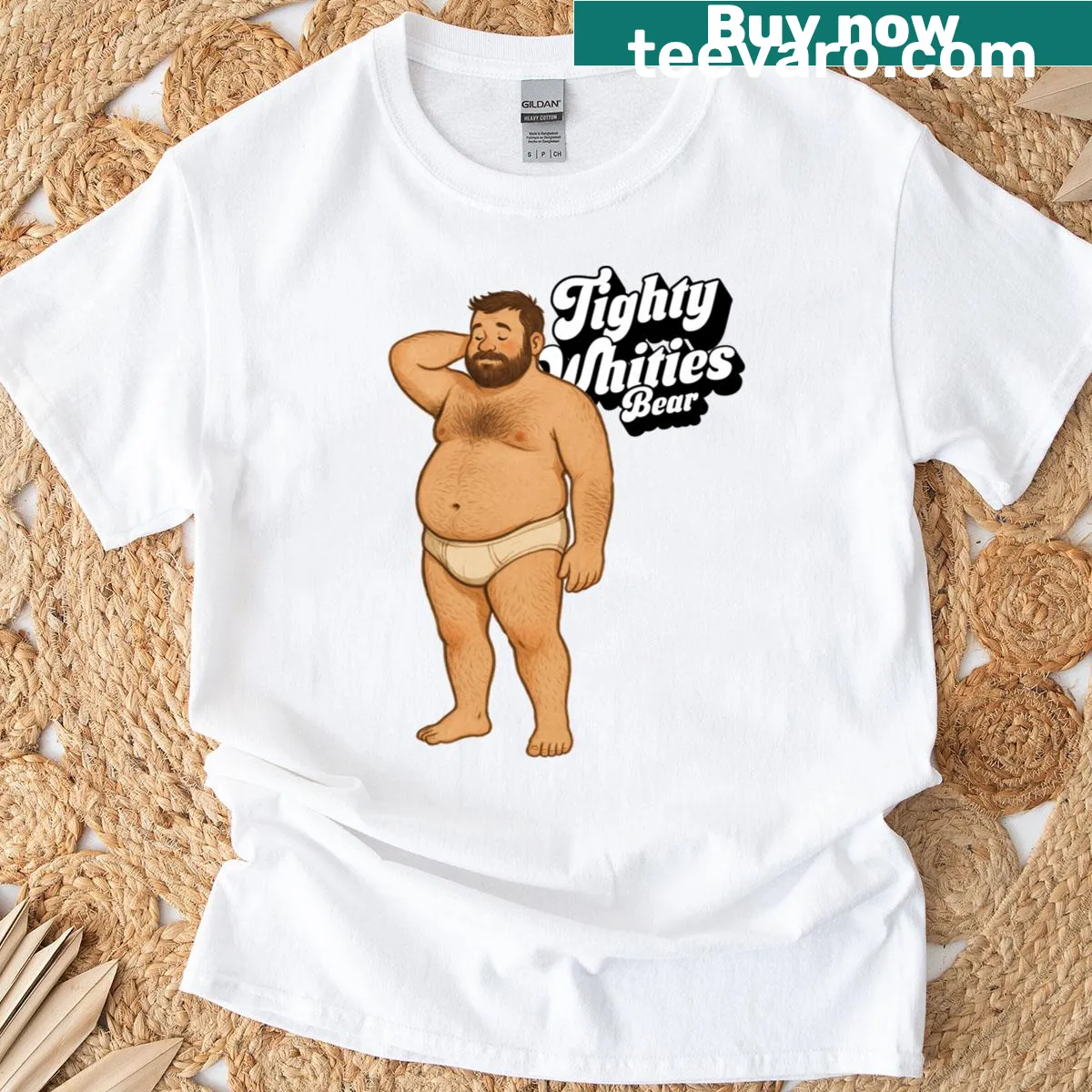 Funny T-shirt featuring a relaxed bear in tighty whities illustration — on a men's t-shirt