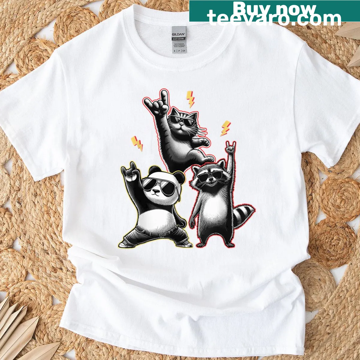 Funny rock-themed T-shirt with a raccoon, panda, and cat illustration — on a men's t-shirt