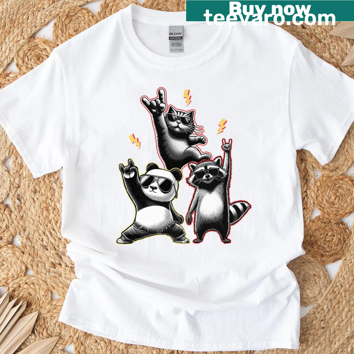 Funny rock music t-shirt featuring a raccoon, panda, and cat. — on a men's t-shirt