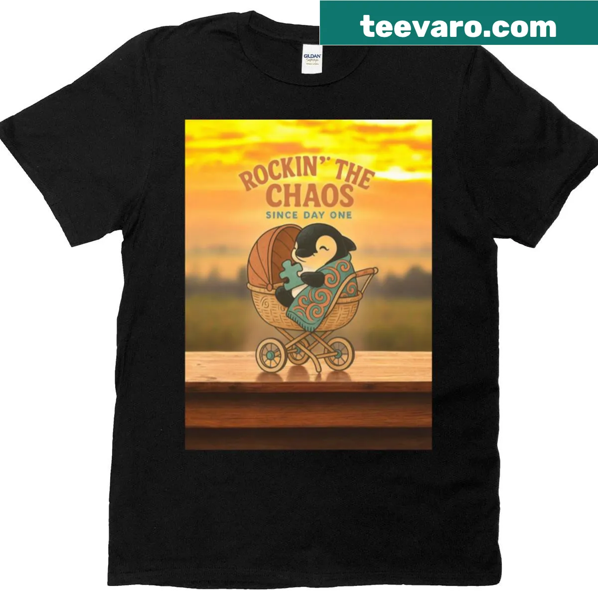 Vintage-style t-shirt with baby orca in a pram illustration — on a men's t-shirt