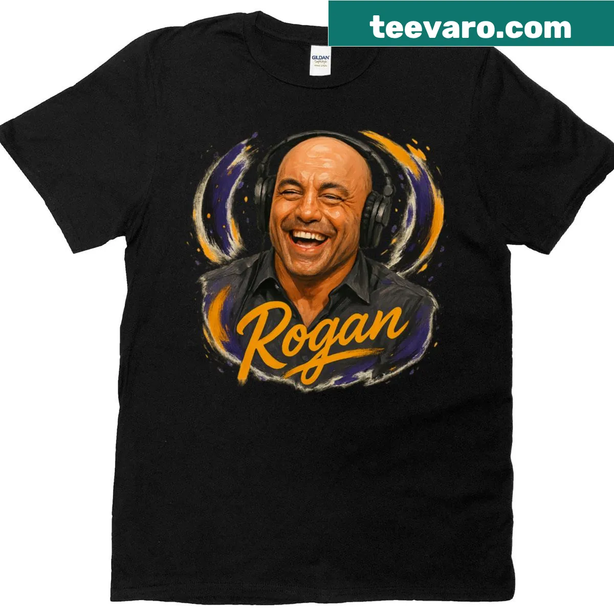 Illustrated podcast personality wearing headphones on a t-shirt — on a men's t-shirt