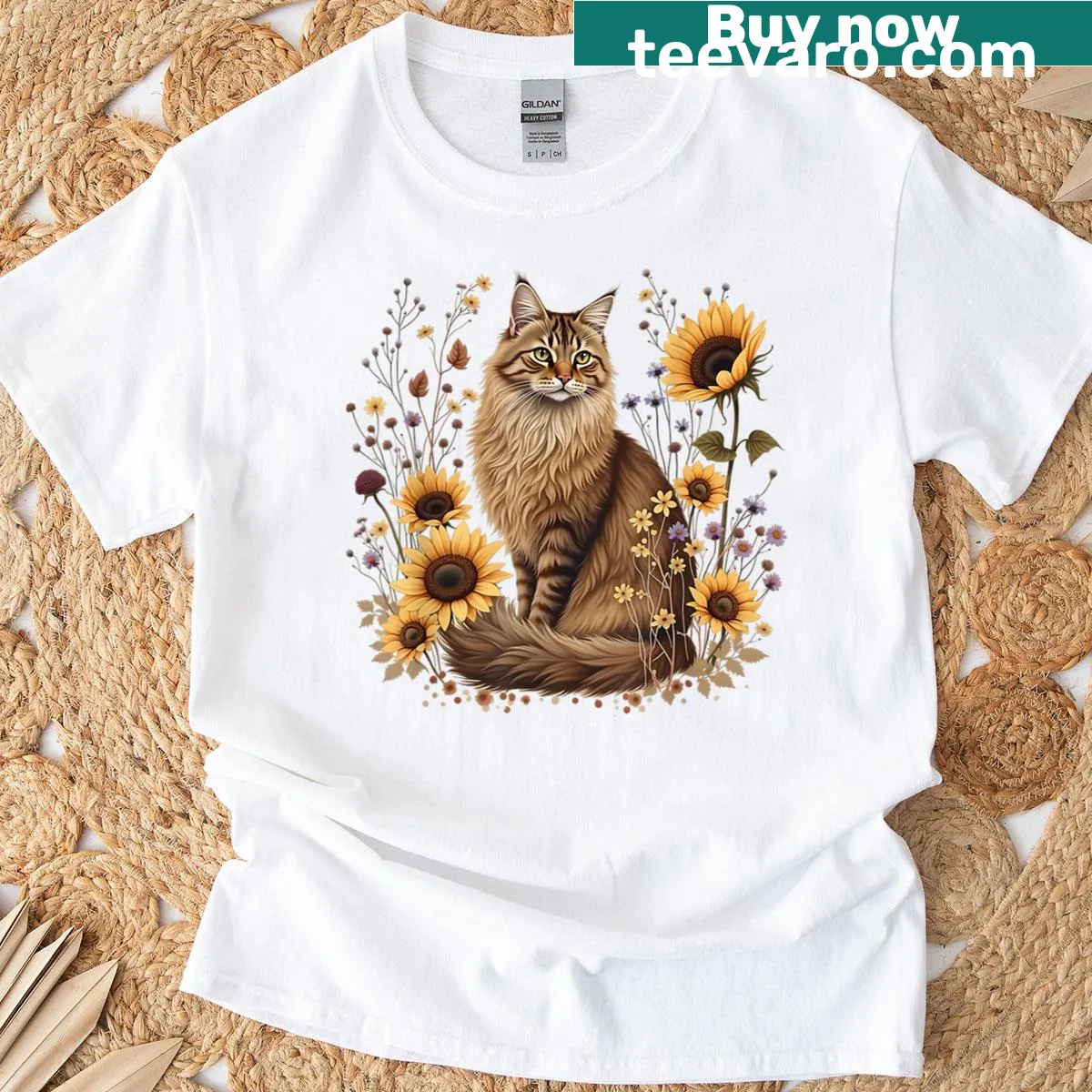 Maine Coon cat surrounded by sunflowers graphic T-shirt — on a men's t-shirt