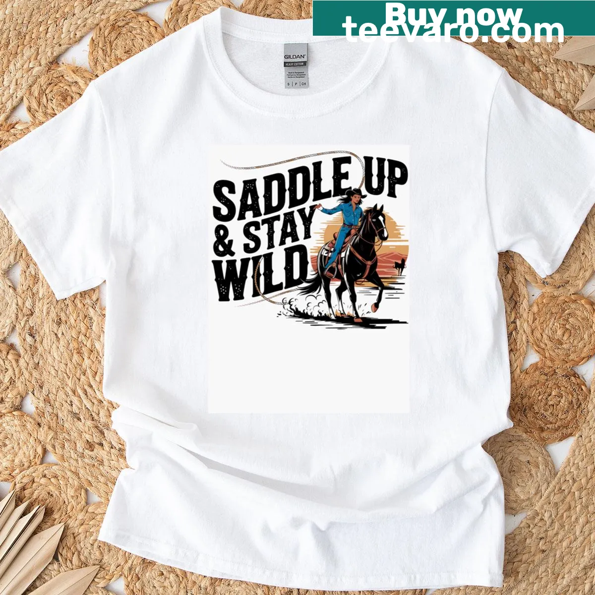 Cowgirl-themed T-shirt with 'Saddle Up And Stay Wild' text — on a men's t-shirt