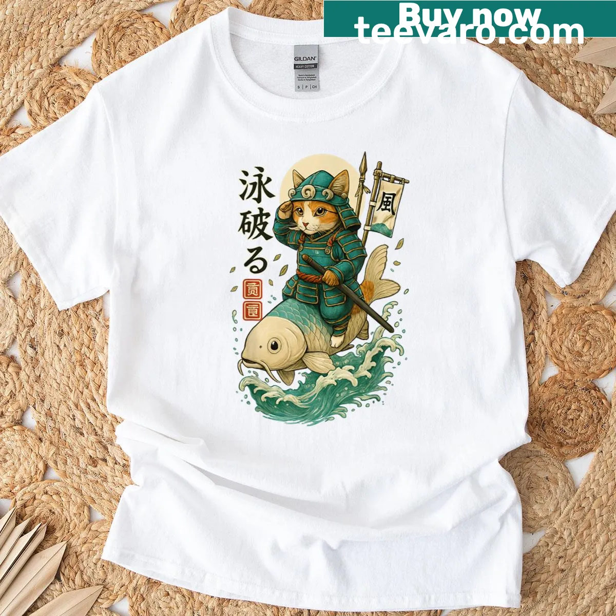 Fantasy art t-shirt featuring a samurai cat riding a koi fish — on a men's t-shirt