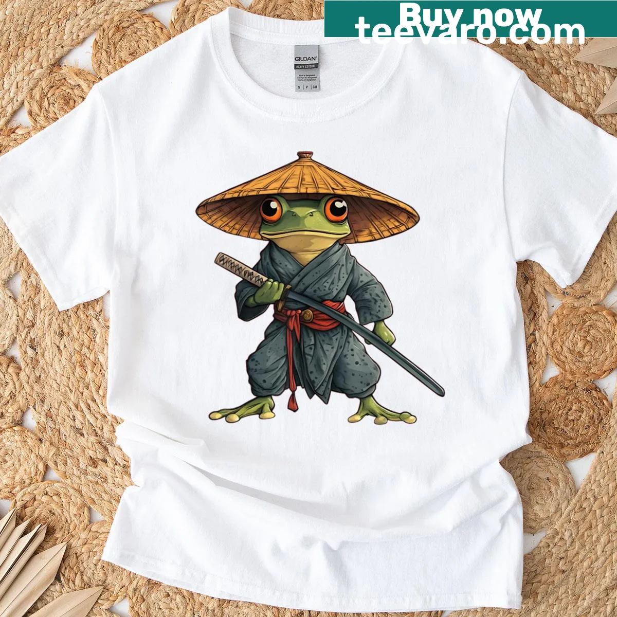 Vintage samurai frog graphic t-shirt in Ukiyo-e style — on a men's t-shirt
