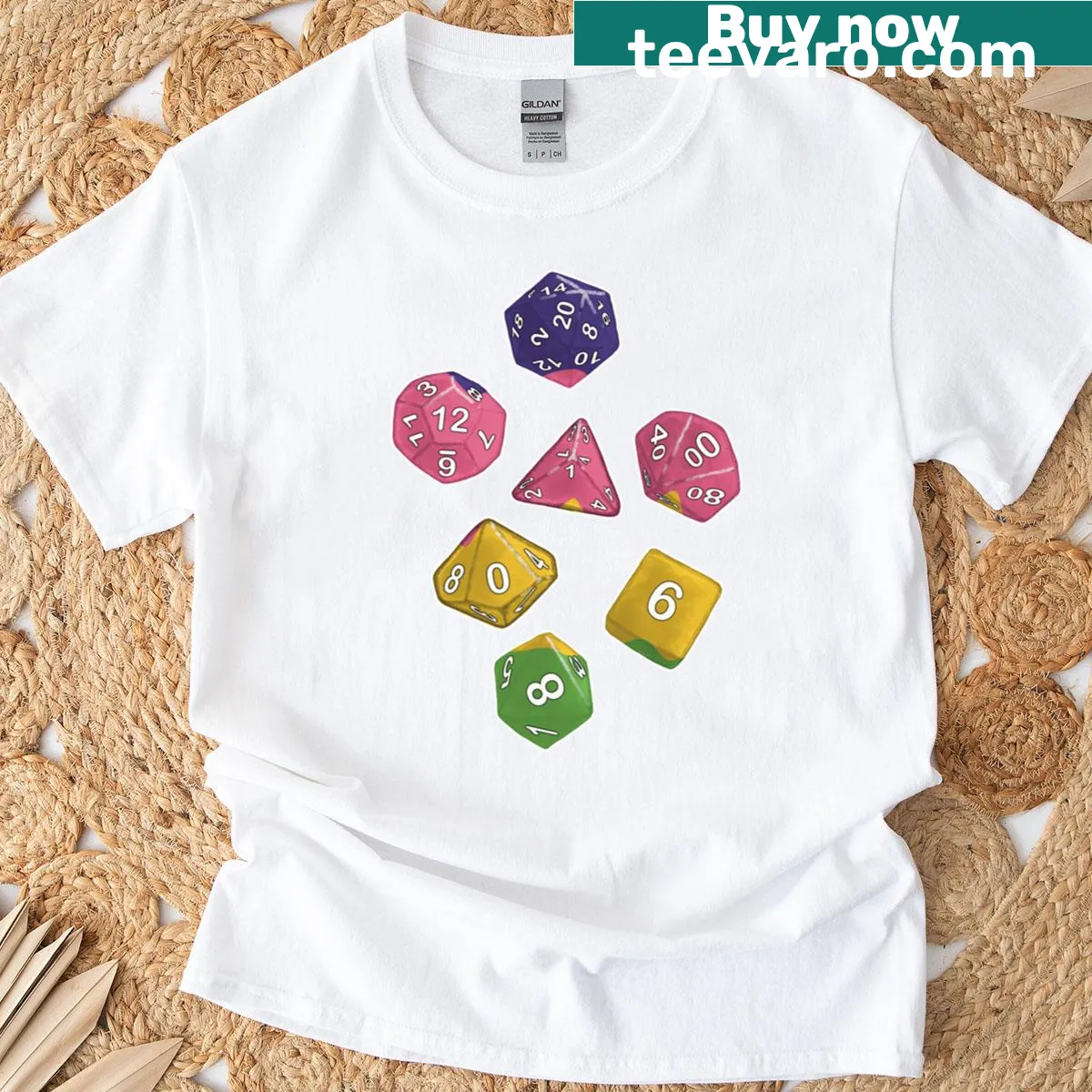 Illustration of dice on a sapphic-themed t-shirt — on a men's t-shirt