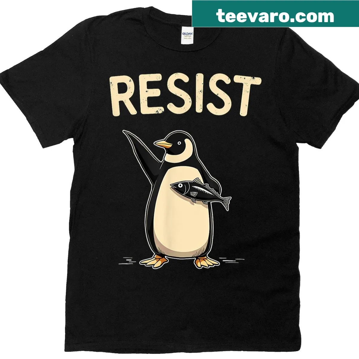 Illustration of protesting penguins with signs against tariffs — on a men's t-shirt