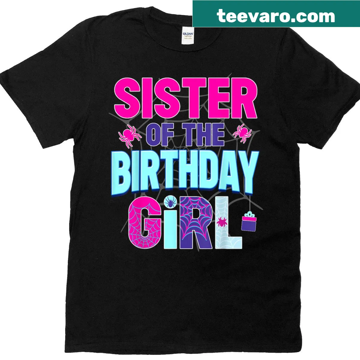 Illustrated spider family design for birthday girl’s sister. — on a men's t-shirt