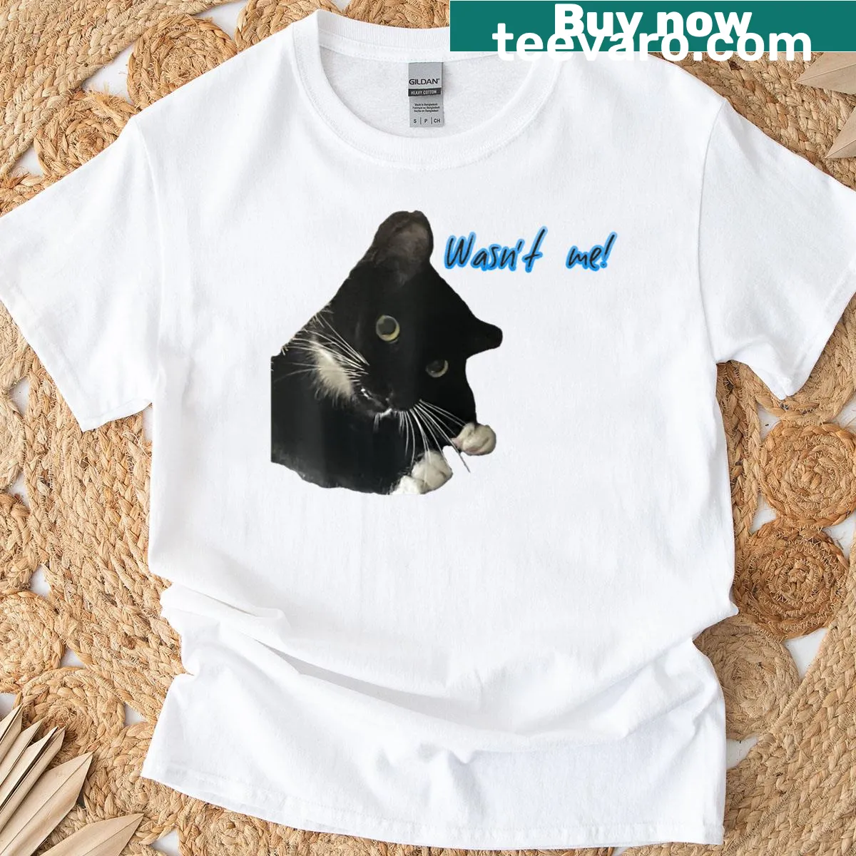 Cartoon T-shirt with humorous 'Sparky Cat Wasn't Me' design — on a men's t-shirt