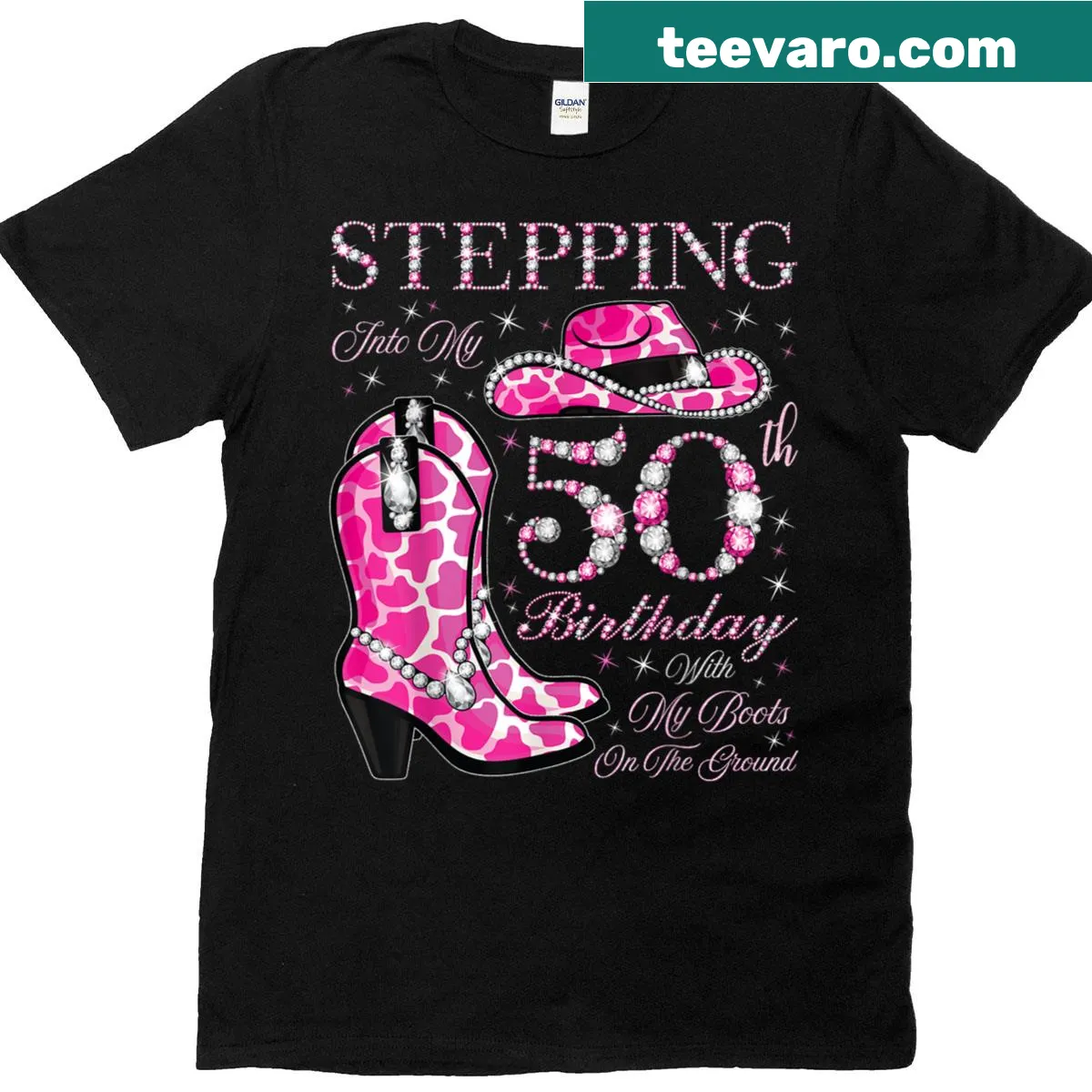 Birthday t-shirt with the phrase 'Stepping Into My 50th Birthday With My Boots On The Ground' — on a men's t-shirt