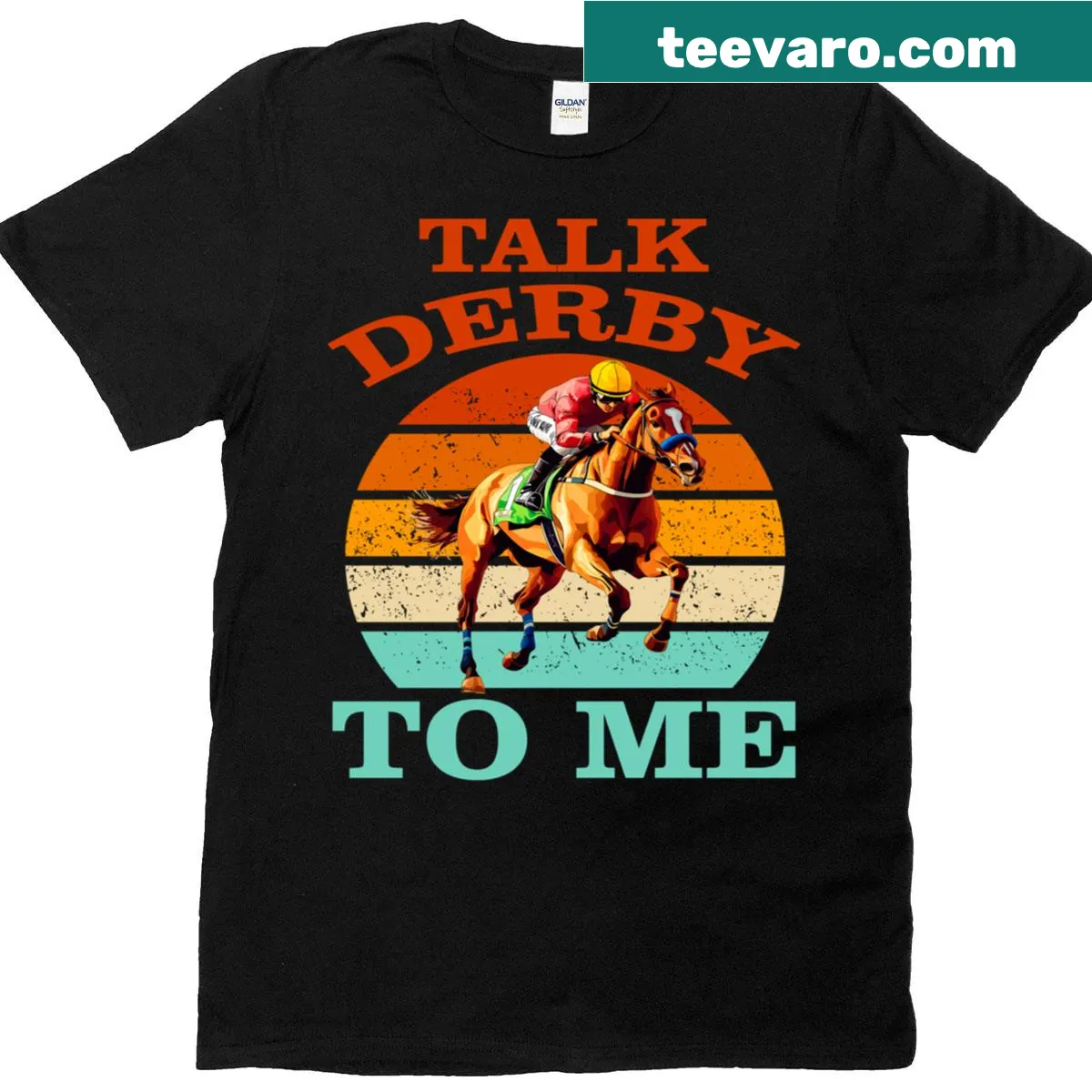 Funny horse racing themed t-shirt with the phrase 'Talk Derby To Me.' — on a men's t-shirt