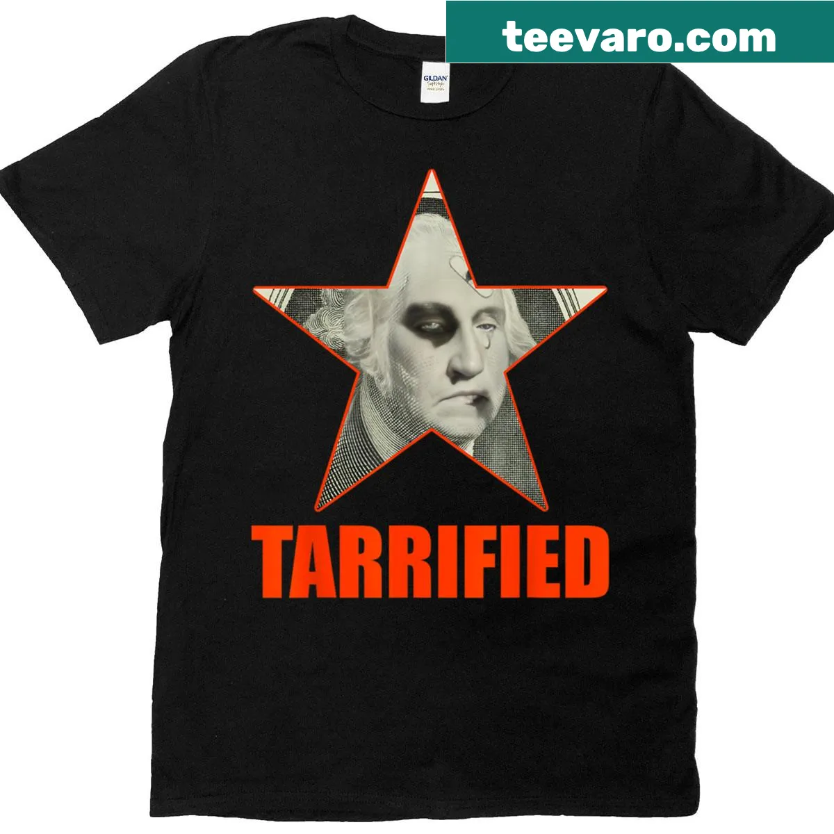 Sarcastic 'Tarrified' text T-shirt for political humor — on a men's t-shirt
