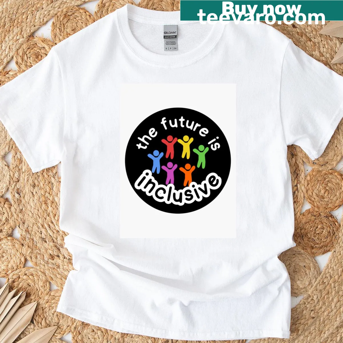 Long t-shirt with 'The Future Is Inclusive' protest sticker design — on a men's t-shirt