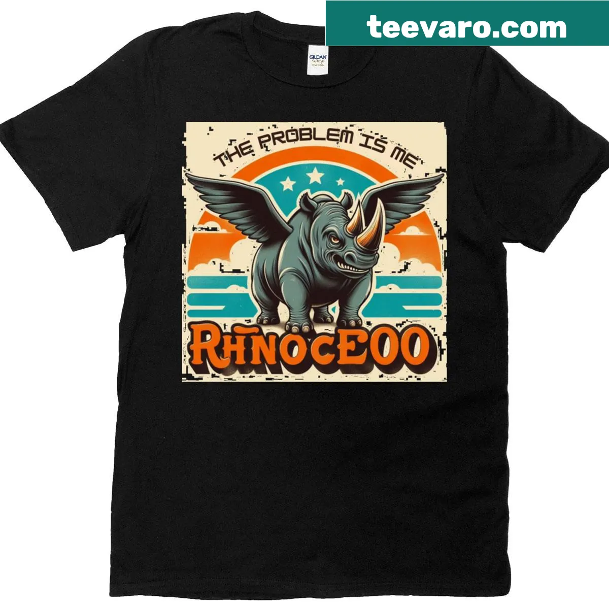 Illustrative T-shirt with a winged rhino and the text 'The Problem Is Me' — on a men's t-shirt