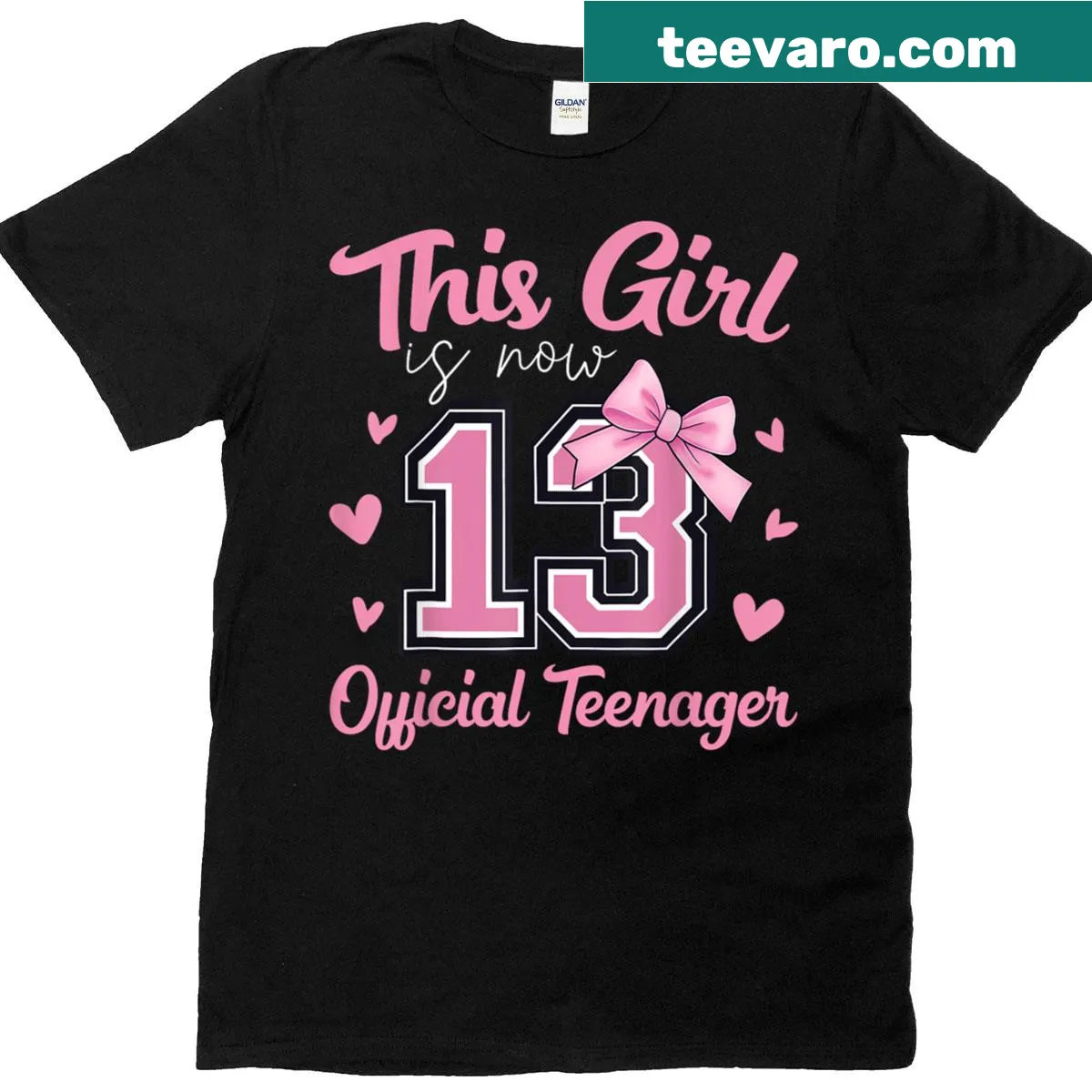 Fun birthday t-shirt for girls turning 13 with bow graphic. — on a men's t-shirt
