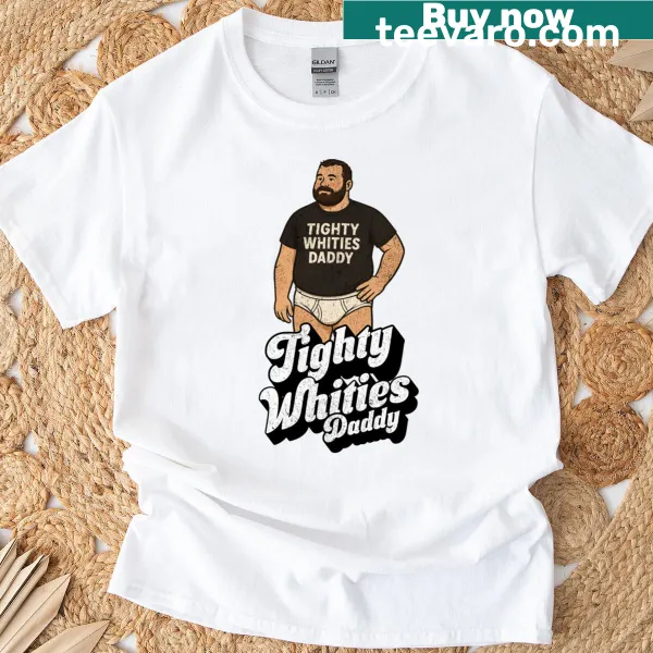 Cartoon of a bearded bear in tighty whities on a T-shirt