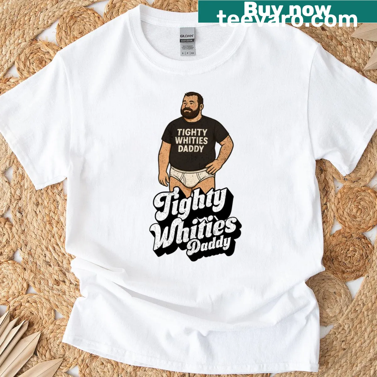 Cartoon of a bearded bear in tighty whities on a T-shirt — on a men's t-shirt