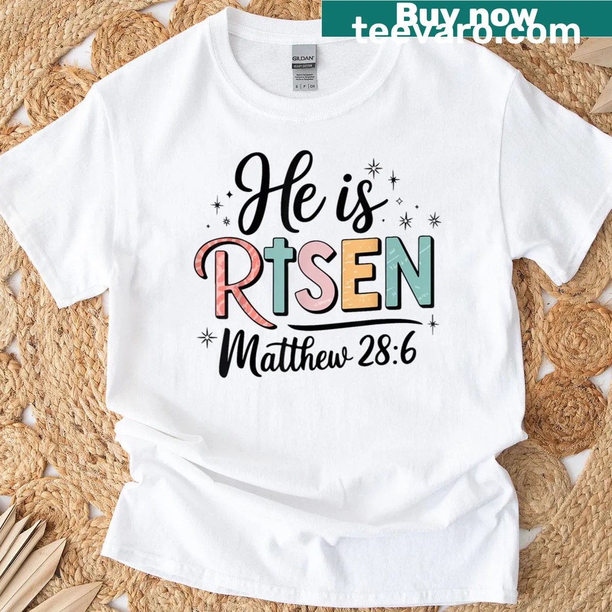 Easter shirt featuring 'He Is Risen' text and illustrations for girls — on a men's t-shirt