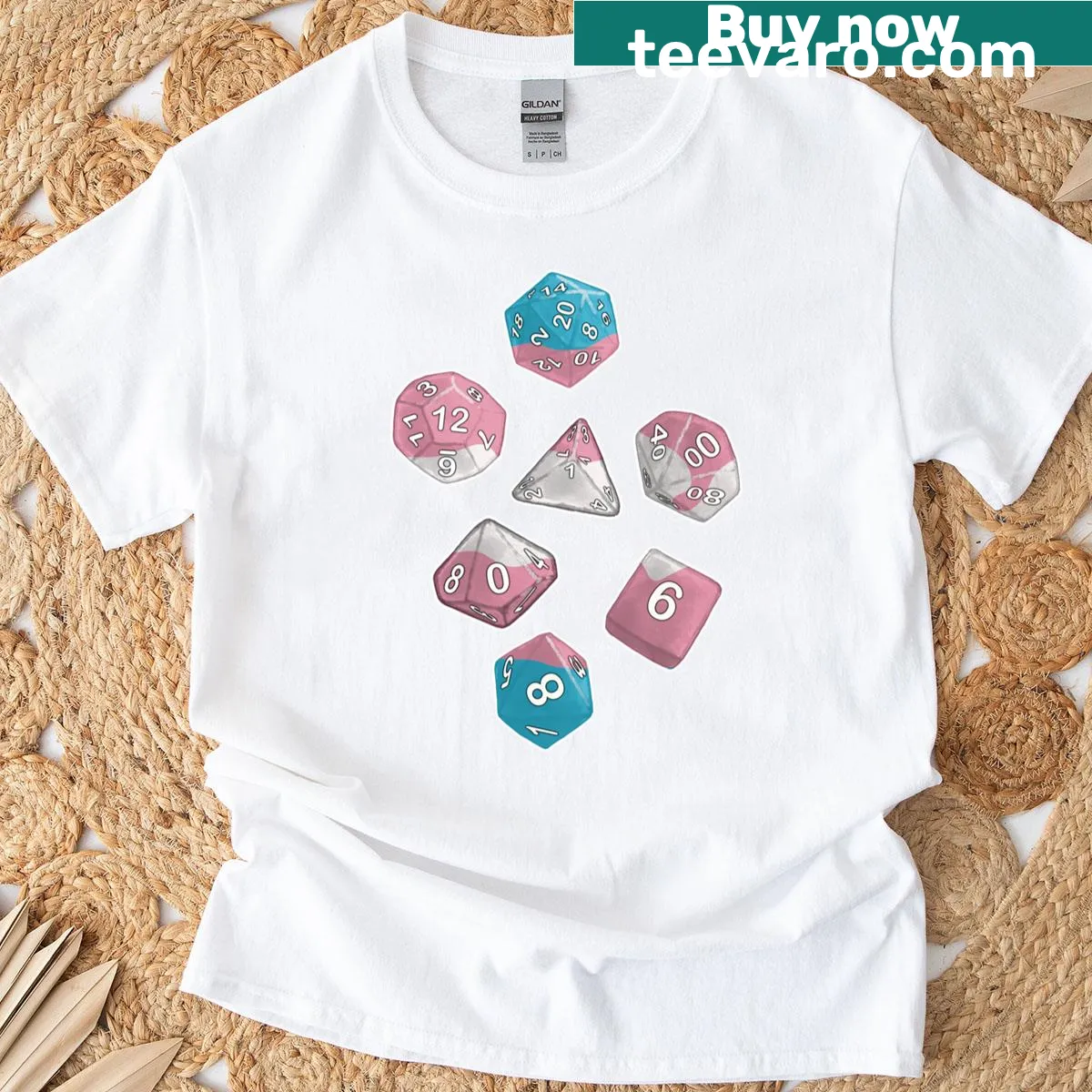 Funny T-shirt with graphic of trans dice for gamers — on a men's t-shirt