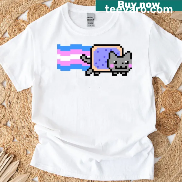 Fun Nyan Cat t-shirt celebrating Trans Pride with rainbow design
