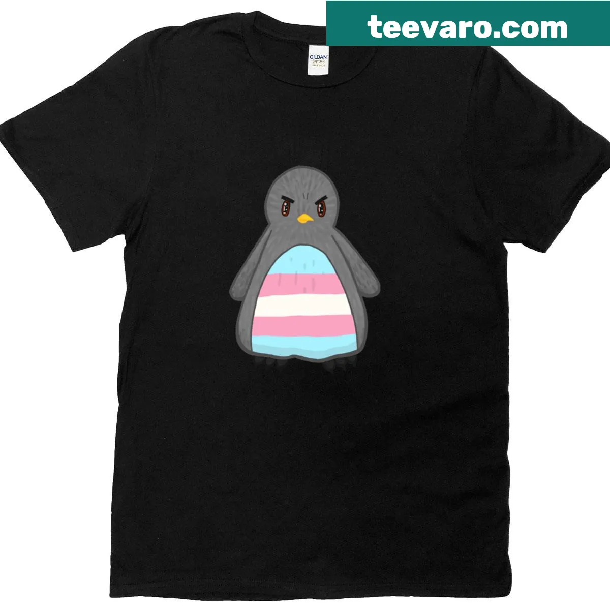 Cute penguin graphic celebrating trans pride on t-shirt. — on a men's t-shirt