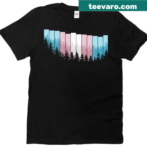 T-shirt featuring the transgender flag in a forest setting.