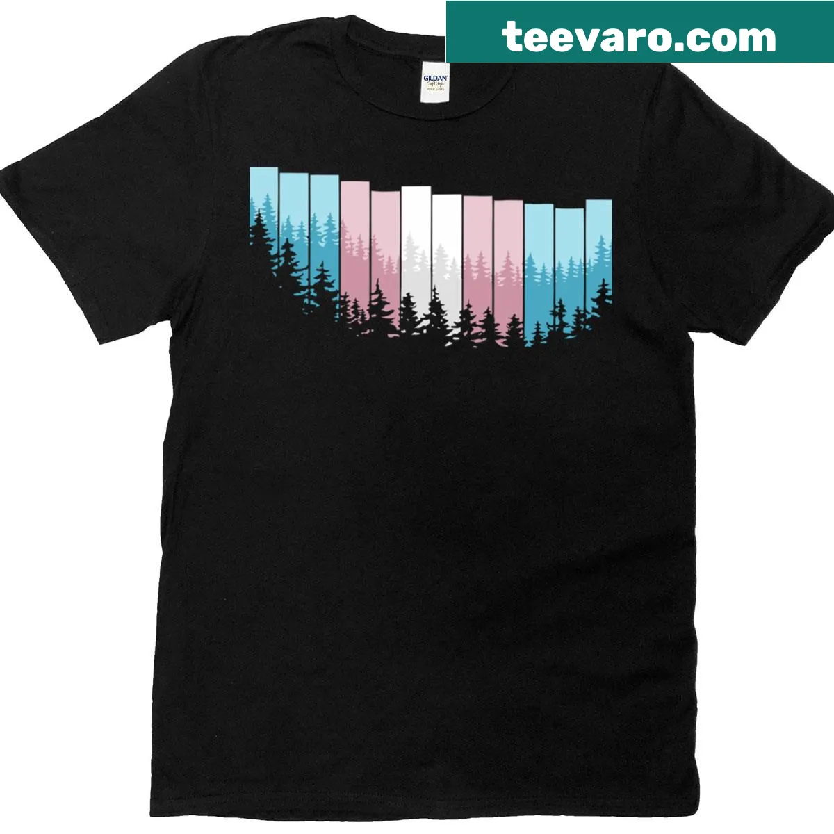 T-shirt featuring the transgender flag in a forest setting. — on a men's t-shirt