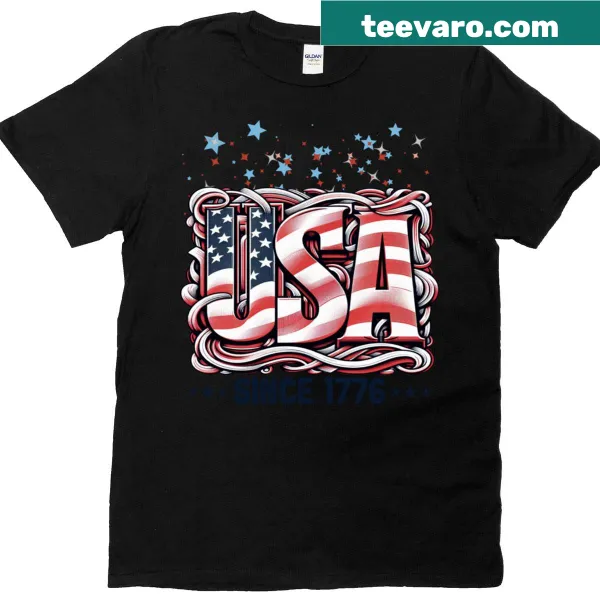Bold patriotic text T-shirt celebrating USA since 1776 in flag colors.