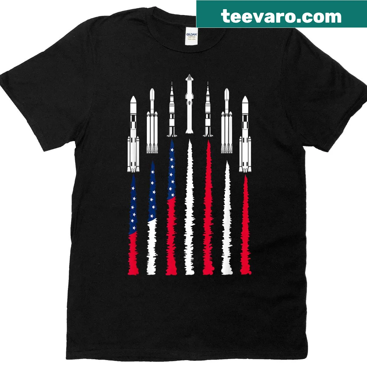 Playful patriotic t-shirt with rockets for Fourth of July celebrations. — on a men's t-shirt