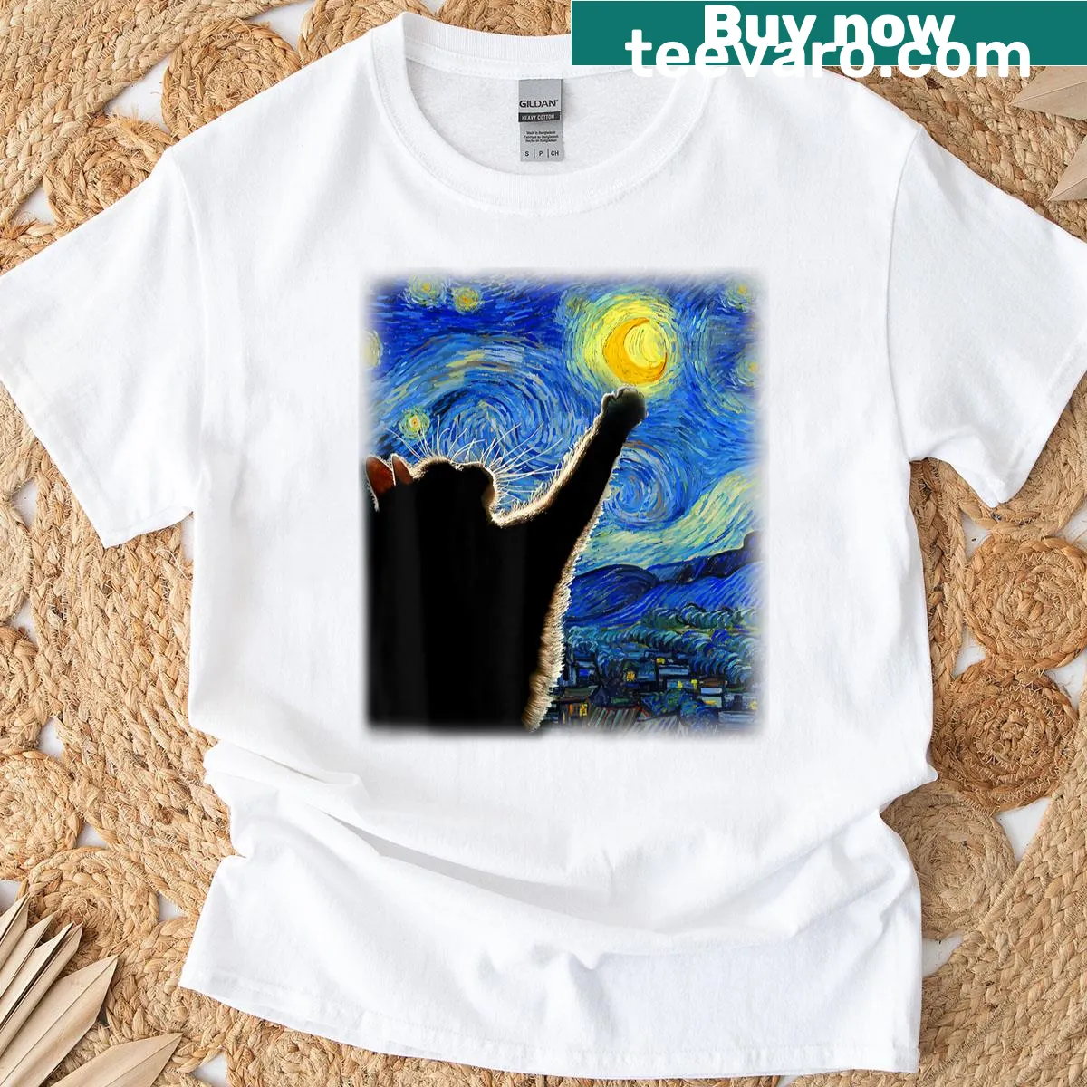 Cat-themed T-shirt featuring Van Gogh's Starry Night design — on a men's t-shirt
