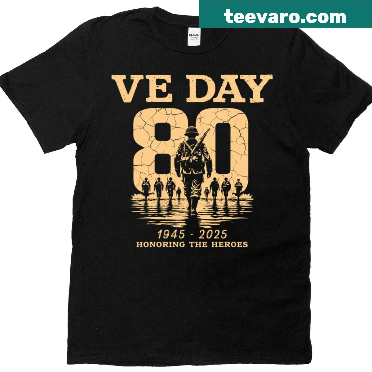 T-shirt commemorating the 80th anniversary of VE Day with respectful typography. — on a men's t-shirt