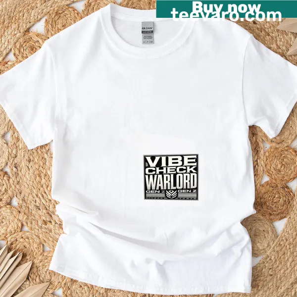 Cartoon graphic of 'Vibe Check Warlord' on a T-shirt