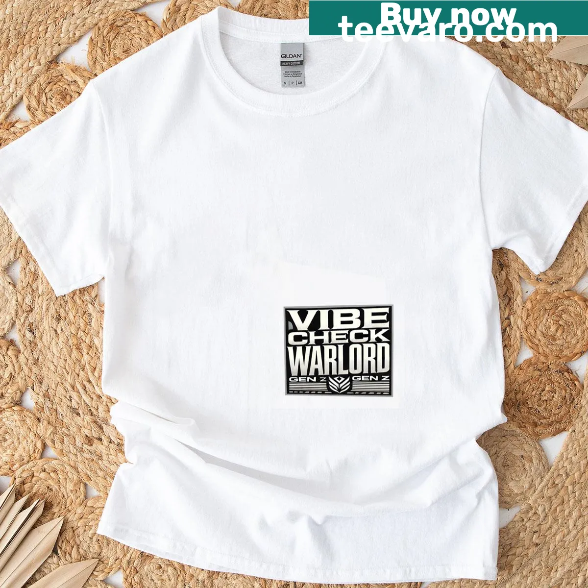 Cartoon graphic of 'Vibe Check Warlord' on a T-shirt — on a men's t-shirt