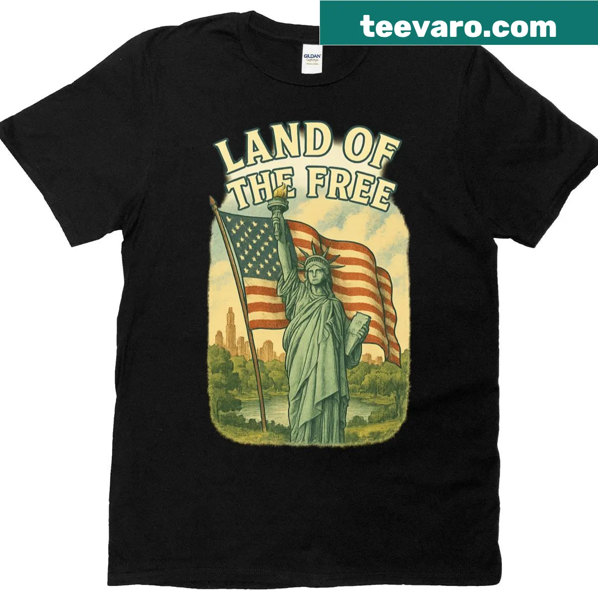 Vintage t-shirt featuring Central Park and Statue of Liberty design. — on a men's t-shirt