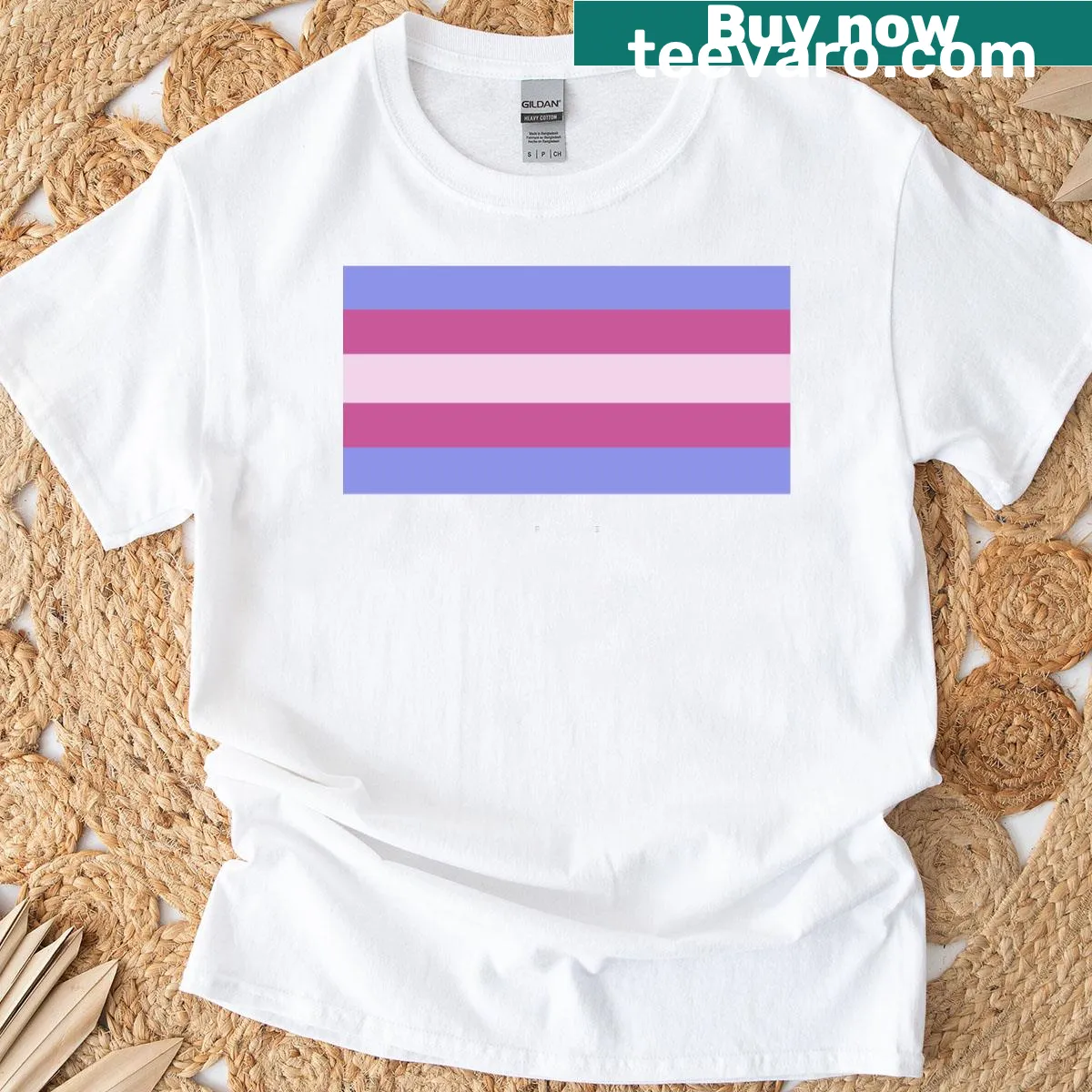 Trans flag T-shirt with warmer colors in horizontal stripes — on a men's t-shirt