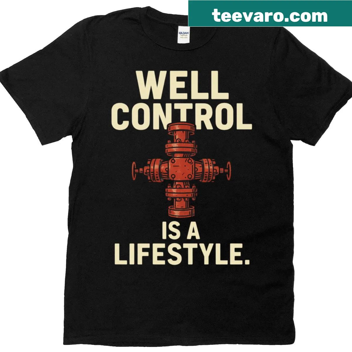 T-shirt with graphic emphasizing well control in offshore drilling — on a men's t-shirt