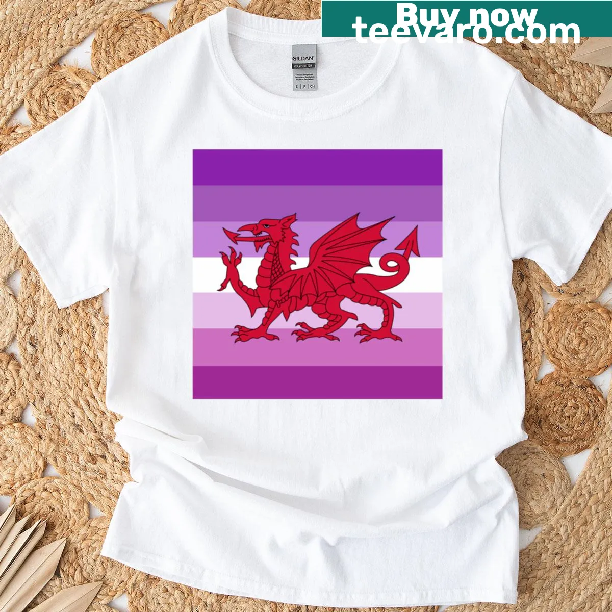 Stylized Welsh femme pride flag graphic t-shirt — on a men's t-shirt