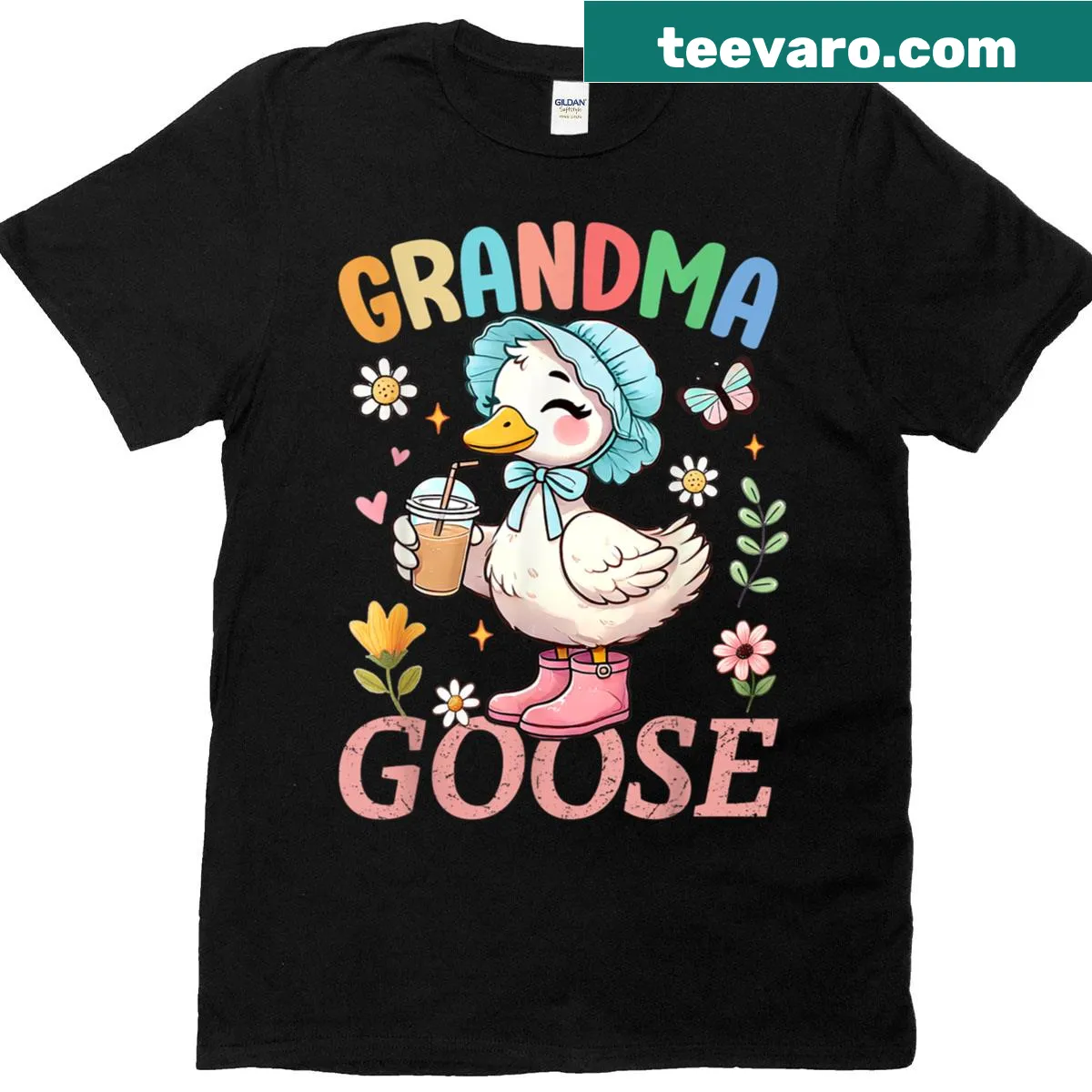 Floral design featuring a silly goose with humorous text for grandma — on a men's t-shirt