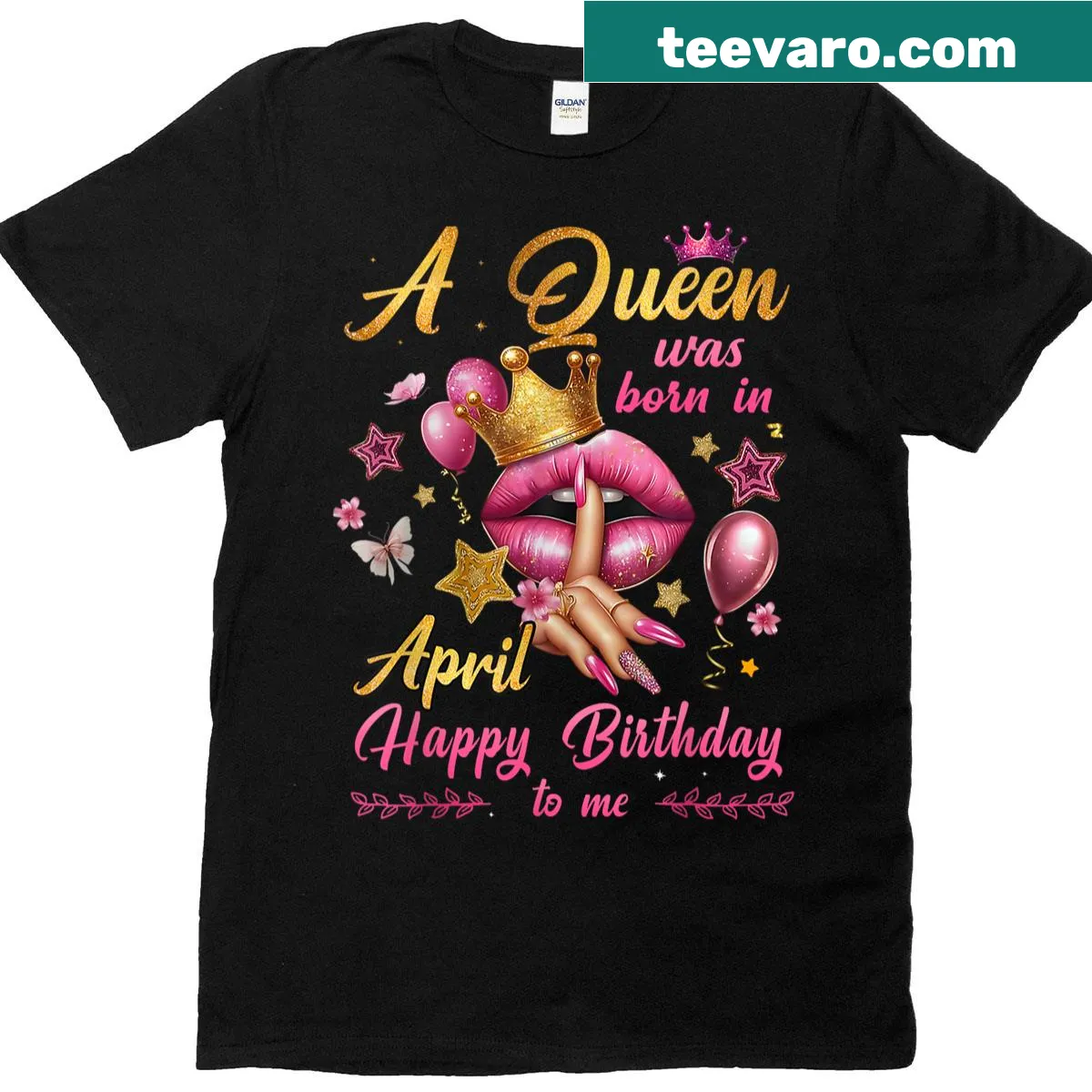 Birthday T-shirt with 'A Queen Was Born In April' text — on a men's t-shirt