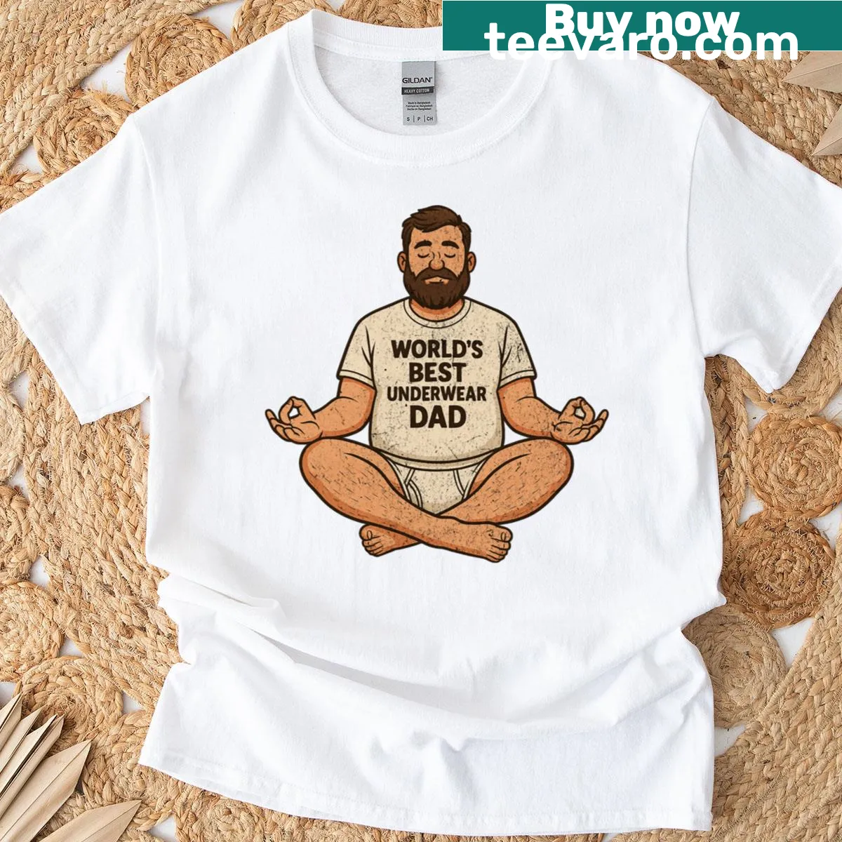 Funny T-shirt of a dad meditating in tighty whities — on a men's t-shirt