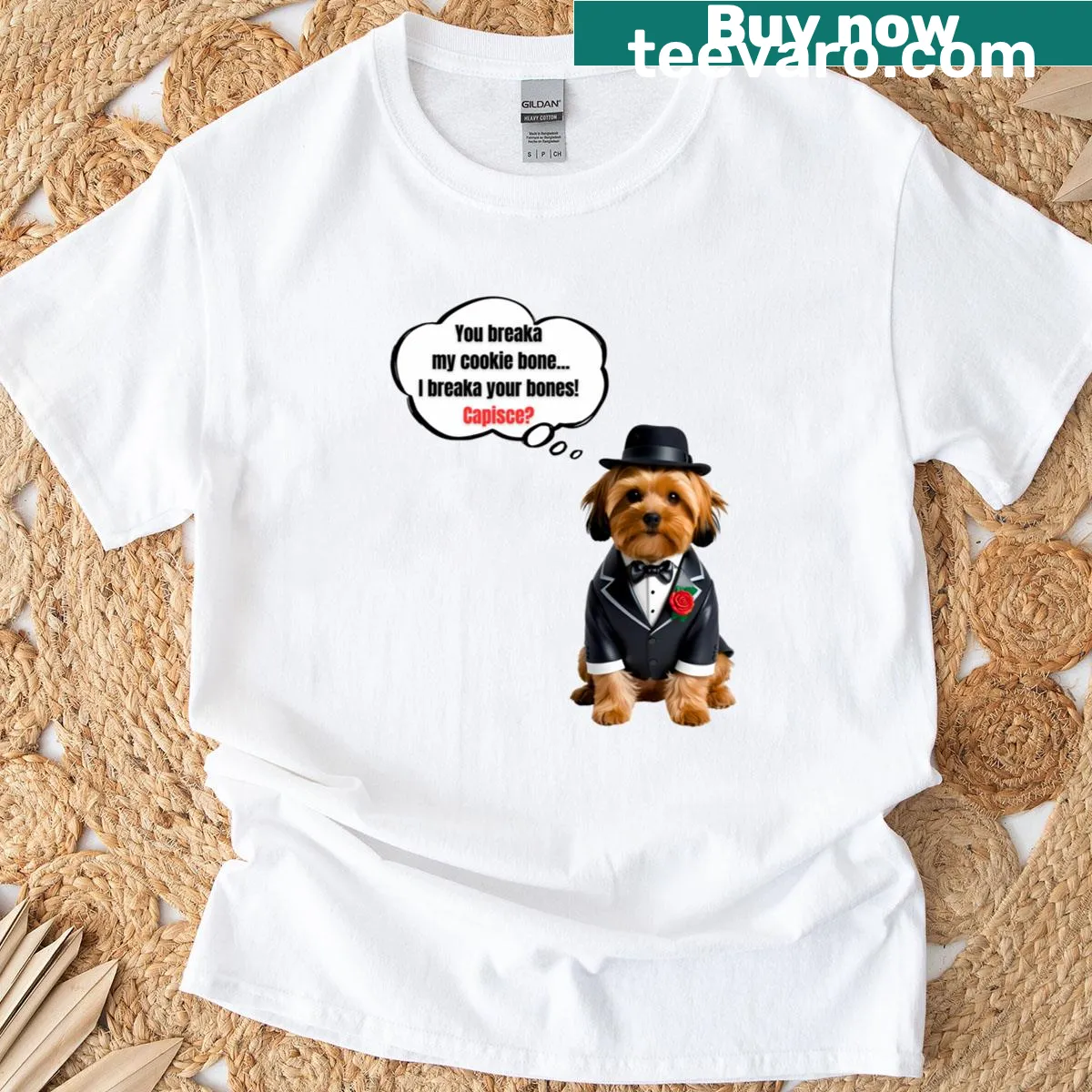 Funny cartoon Yorkipoo as a Mafia Boss on T-shirt with treat warning. — on a men's t-shirt