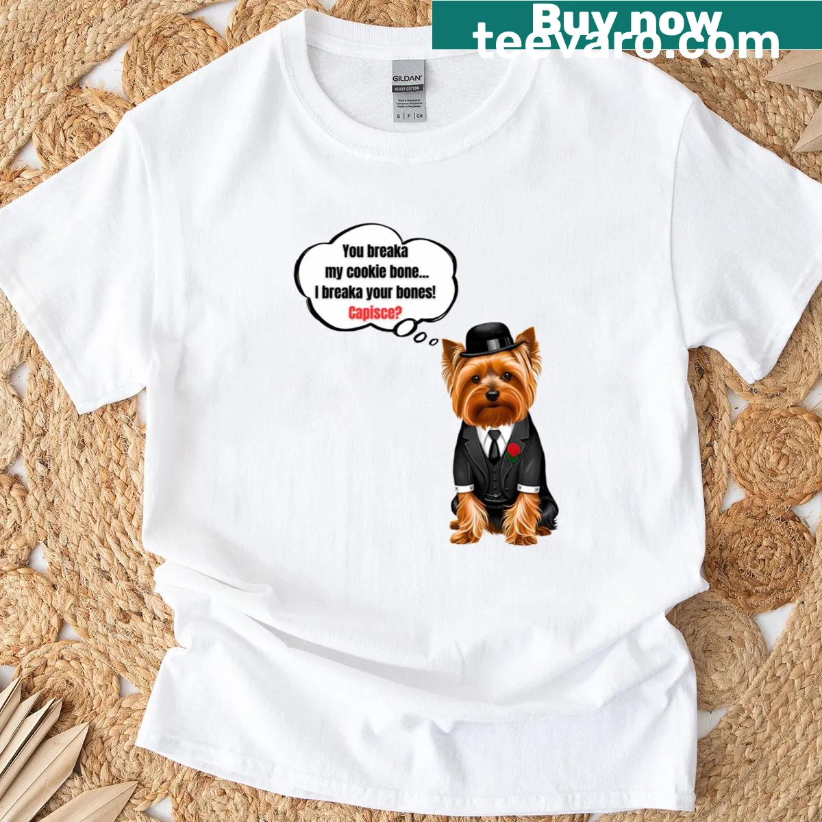 Funny Yorkshire Terrier T-shirt with mafia boss design — on a men's t-shirt