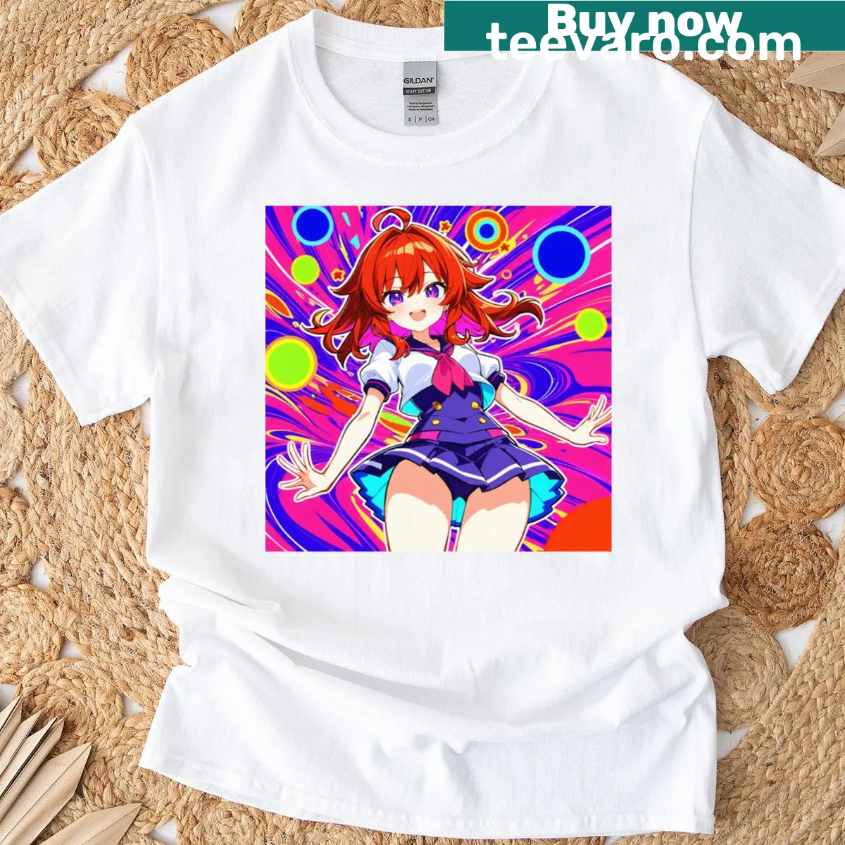 Anime girl illustration T-shirt featuring a redhead character — on a men's t-shirt