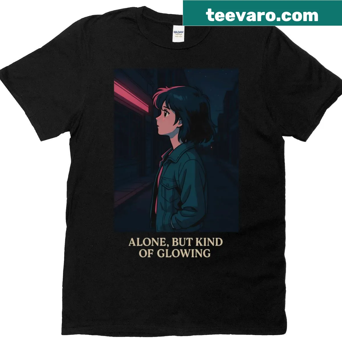 Retro anime girl t-shirt with glowing aesthetic design — on a men's t-shirt
